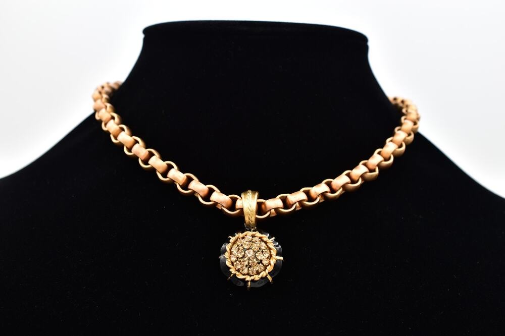 Vintage Chunky Chain Rhinestone Pendant Choker Necklace Brushed Gold Black BinY
